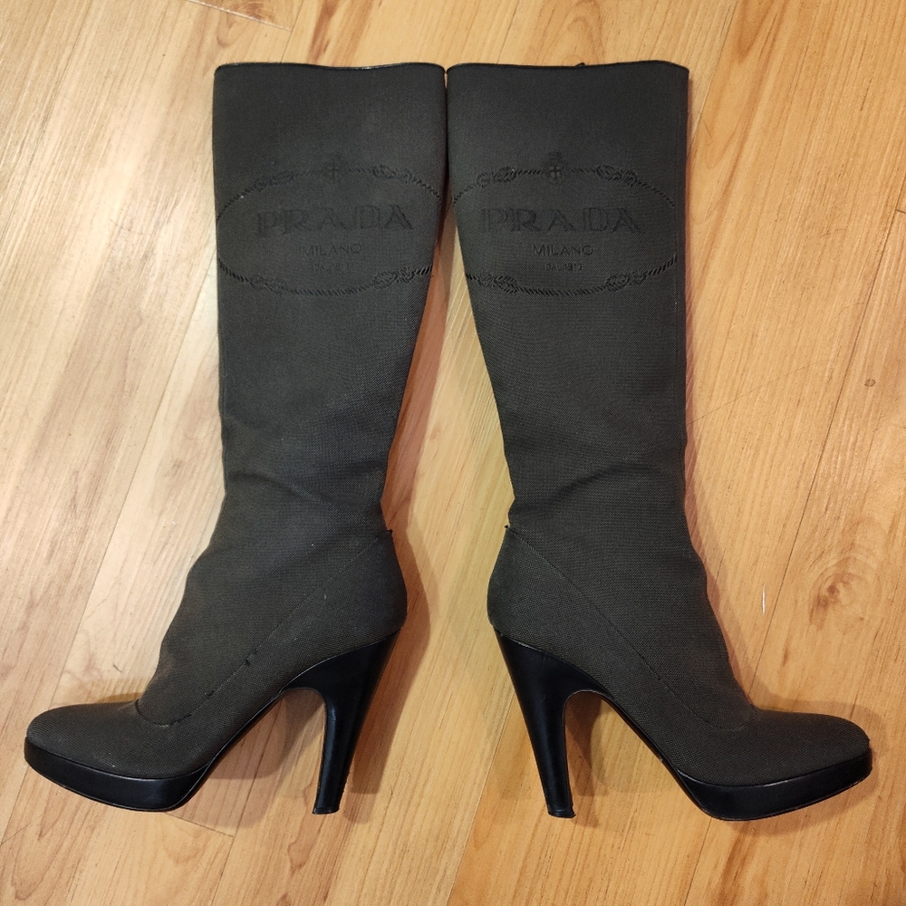 PRADA Logo Jacquard Calzature Donna Boots Women's Sz EU 37.5 US 7 Dark Brown